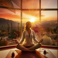 mujer meditando, yoga práctica, aptitud bien ser, salud, generativo ai foto