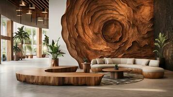 Generative AI, boho hotel lobby interior, wooden furniture, modern entrance hall photo