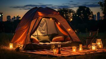 Generative AI, romantic camping with lantern lights, pillows, blanket. City view in the evening photo