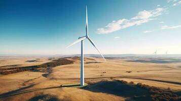 generativo ai, viento turbinas en un campo, verde granja paisaje. ambientalmente Respetuoso del medio ambiente poder generación. renovable energía fuente. foto