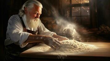 Generative AI, Old man hands of baker in restaurant or home kitchen, prepares ecologically natural pastries. photo