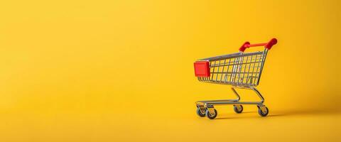 Generative AI, red metallic shopping cart on yellow background, minimalistic shop online, free delivery, discounts and sale concept. photo