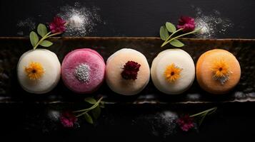 Generative AI, mochi on the dark table background, Traditional Japanese dessert, top view, flat lay photo