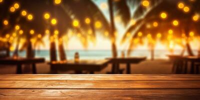 Generative AI, Tropical summer sunset beach bar background. Wooden table top product display showcase empty stage. photo