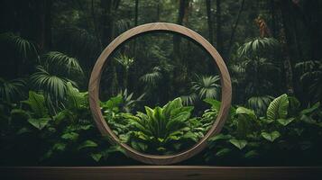 Generative AI, Empty circle wooden frame and tropical leaves on jungle background. For product display. photo