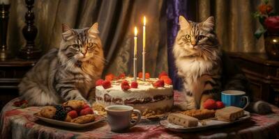 Generative AI, Cat birthday party, cake with a candles photo