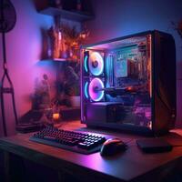 Futuristic powerful lighting computer in neon light, Neon Lights Gaming Computer photo