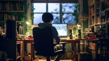 Rear view of a boy watching a movie on a television at home photo