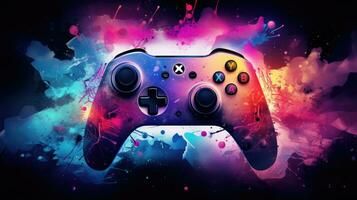 Gamepad on abstract colorful watercolor splashes background photo