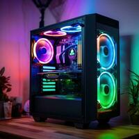 Futuristic powerful lighting computer in neon light, Neon Lights Gaming Computer photo