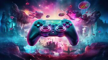 Gamepad on abstract colorful watercolor splashes background photo