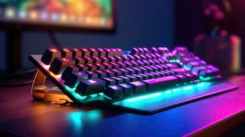 Computer gaming keyboard with neon lights on a interior gaming room background photo