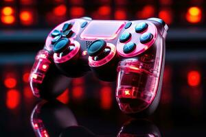 video game controller on a black background with neon lights. close up photo