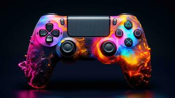 Colorful video game controller on black background. photo