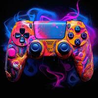 Colorful video game controller on black background. photo