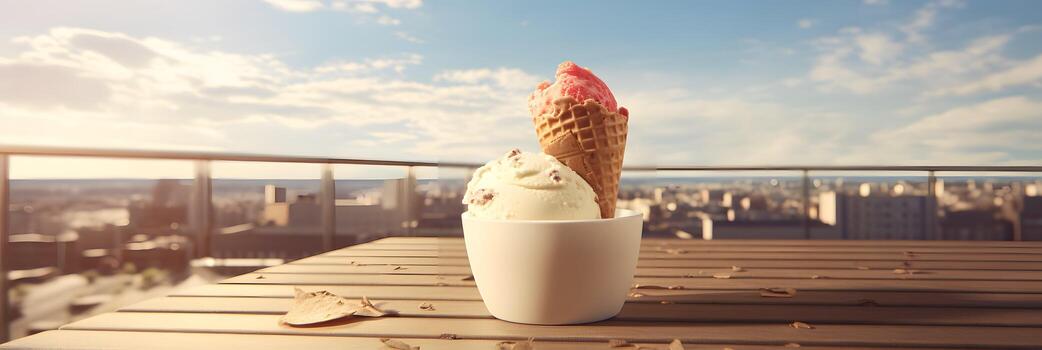Ice cream illustration background design, summer vibes, ice cool, Generative AI photo