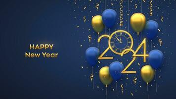 Happy New 2024 Year. Hanging Golden metallic numbers 2024, watch with Roman numeral and countdown midnight with 3D festive helium balloons and falling confetti on blue background. Vector illustration.