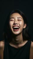 AI Generative Smile beautiful asian woman with red lips and make up beauty face is satisfied shocked surprised delighted and pleased Happy young girl with cosmetic is laugh and looking to copy s photo