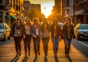 AI Generative Women friends walking outdoors at sunset  Group of tourists having fun together on city street with backlight  Leg view  Tourism females happy lifestyle concept photo