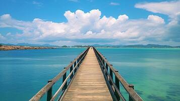 AI Generative Beautiful landscape with bridge to pier Color fusion of ocean and sky Light ripples on amazingly clear water Perspective receding into distance Image fine vacation on summer Relax photo