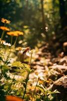 ai generativo hermosa natural antecedentes con naranja árbol follaje y flores y un abeja al aire libre en naturaleza foto