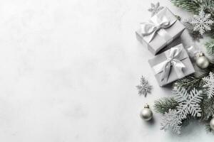 ai generativo festivo Navidad antecedentes modelo brillante negro escena decoración color con blanco árbol en nieve y juguete reno con de madera trineo con caja regalo con rojo cinta Copiar espacio parte superior v foto