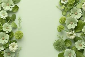 AI Generative Spring natural floral background Green frame of white forest flowers snowdrops primrose in nature closeup Spring template with empty space for text photo