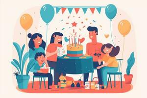 AI Generative Cute excited child boy making wish and blowing candles on cake while celebrating Birthday with big lovely family positive parents and grandlarents in party hats congratulating happ photo