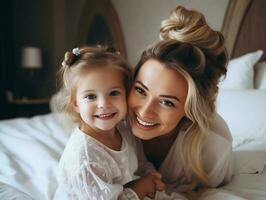 AI Generative Happy family mother and child daughter play and laugh in bed photo