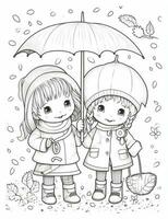 ai generativo contento gracioso hermanas Gemelos niño por niña con un multicolor paraguas riendo foto