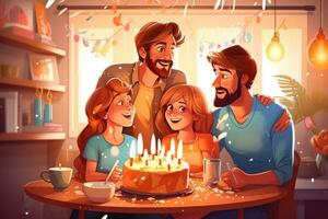 AI Generative Time to make a wish Young happy beautiful family with children wearing party hats congratulating father with Birthday at home Excited dad with covered eyes going to blow candles on photo