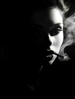 ai generativo silueta de un hermosa mujer con un cigarrillo en el oscuro foto