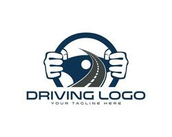 Car driving, steering wheel and road logo design vector template.