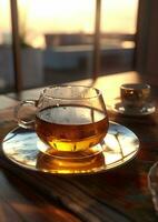 ai generativo bael té en un vaso taza en de madera bandeja foto