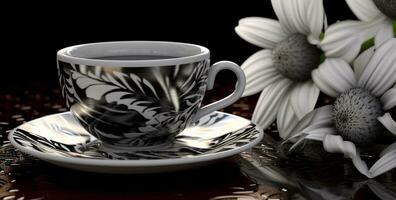 ai generativo negro Clásico tetera y taza con flor foto