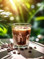 ai generativo Café exprés en un vaso taza y pequeño bambú palma planta maceta y lentes foto
