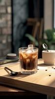 ai generativo caliente café y vaso de hielo en de madera bandeja en de madera mesa foto