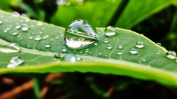 AI Generative Water drop on Green leaf photo