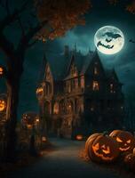 Halloween background with haunted house and pumpkins. Halloween background. photo