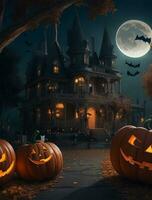 Halloween background with haunted house and pumpkins. Halloween background. photo