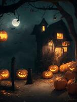 Halloween background with pumpkins and witch in dark forest at night photo