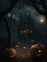 Halloween background with pumpkins and witch's house at night. photo