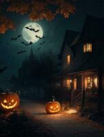 Halloween background with haunted house and pumpkins, 3d render photo