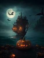 Halloween background with castle, pumpkins and bats. 3d render photo