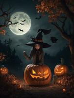 Halloween witch sitting on big pumpkin in dark forest with full moon photo