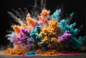 Abstract powder splatted background. Colorful powder explosion on white background. Colored cloud. Colorful dust explode. Paint Holi. AI generated photo