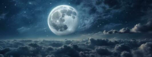 Romantic Moon In Starry Night Over Clouds. AI generated photo