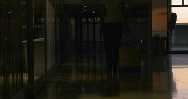 donna con rotolamento valigia a piedi nel il aeroporto video