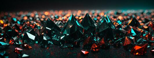 3d render, abstract black crystal background, faceted texture, macro panorama, wide panoramic polygonal wallpaper. AI generated photo