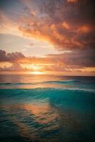 vistoso puesta de sol terminado Oceano en Maldivas. ai generado foto